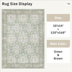 10x14 Area Rugs for Living Room, Non Slip Machine Washable Vintage Rugs, Low Pile Lightweight Large Rug for Bedroom, Dining Room, Home Office Green/Brown