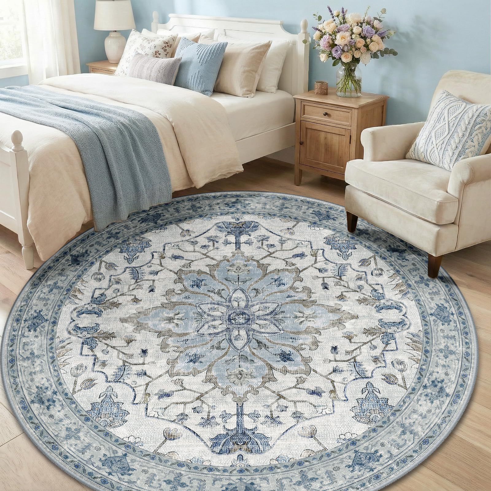 RELEANY Washable Area Rug, Round 6ft, Blue/White/Gray