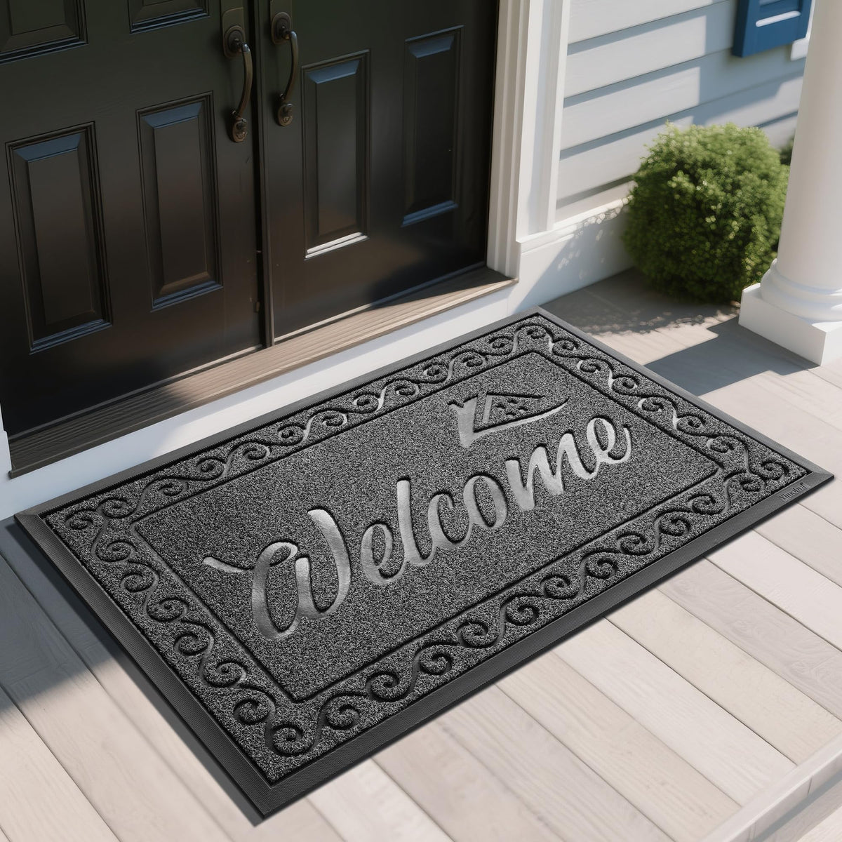 Yimobra Welcome Mat, Heavy Duty Sturdy Door Mats for Home Entrance Outdoor Indoor, Front Doormat for Outside Patio Floor Entry Porch Garage Office, Waterproof, Low Profile, 60 x 36, Black Grey