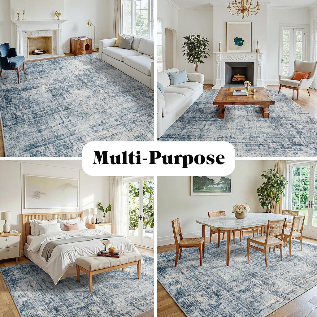 10x14 Washable Area Rug for Living Room Bedroom: Non-Slip Modern Blue Gold