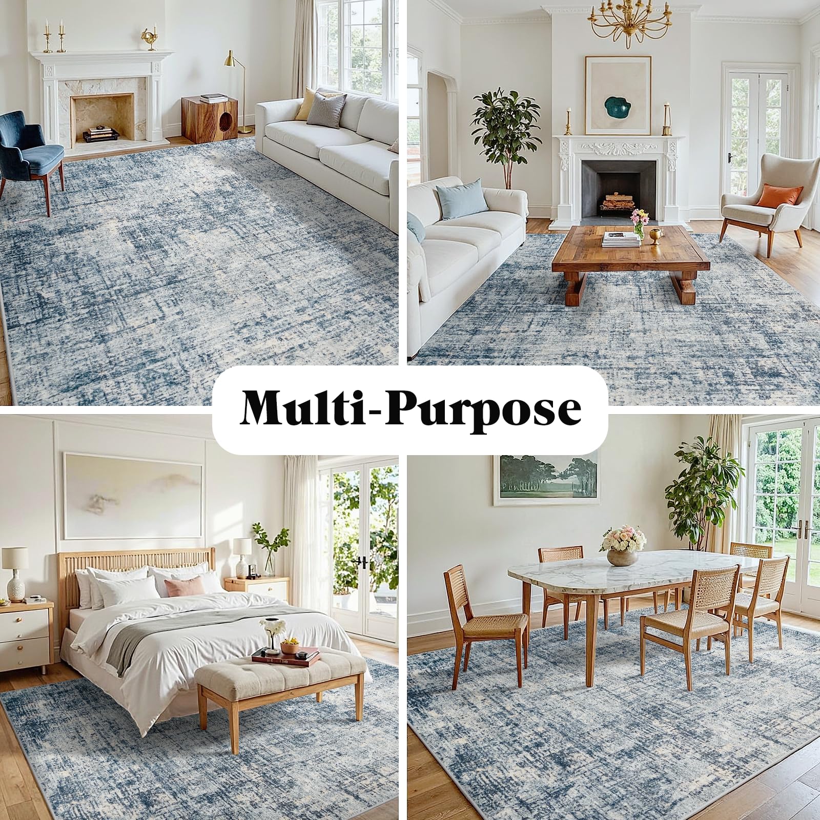 10x14 Washable Area Rug for Living Room Bedroom: Non-Slip Modern Blue Gold
