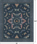 8x10 Large Farmhouse Rugs for Living Room - Unique Washable Area Rug for Bedroom, Dining Room Under Table, Boho & Insect Design, Vintage Moth Décor, Low Pile Soft Carpet (Dark Blue)