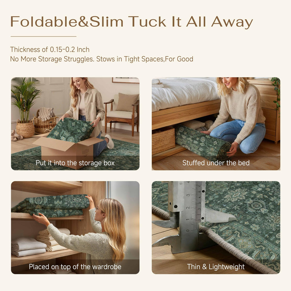WondRg 6x9 Washable Area Rug for Living Room Bedroom Vintage Green Carpet Soft Low Pile Traditional Retro Non Slip Throw Rug for Dining Room Entryway Indoor Dorm Kitchen