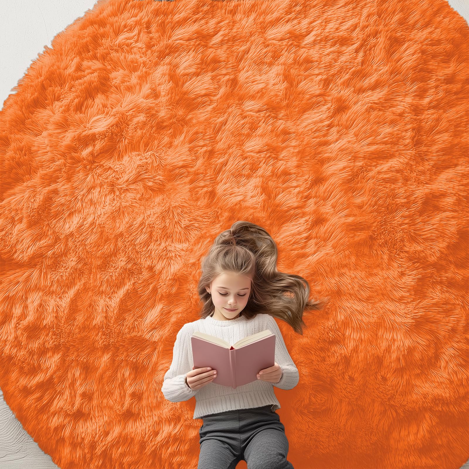 OLANLY Orange Round Rugs for Bedroom - Machine Washable, 9 ft Circle Area Rugs for Living Room, Soft and Fluffy Shaggy Carpet for Teen Girl and Boys, Nursery Rooms, Dorms, Home Decor Aesthetic