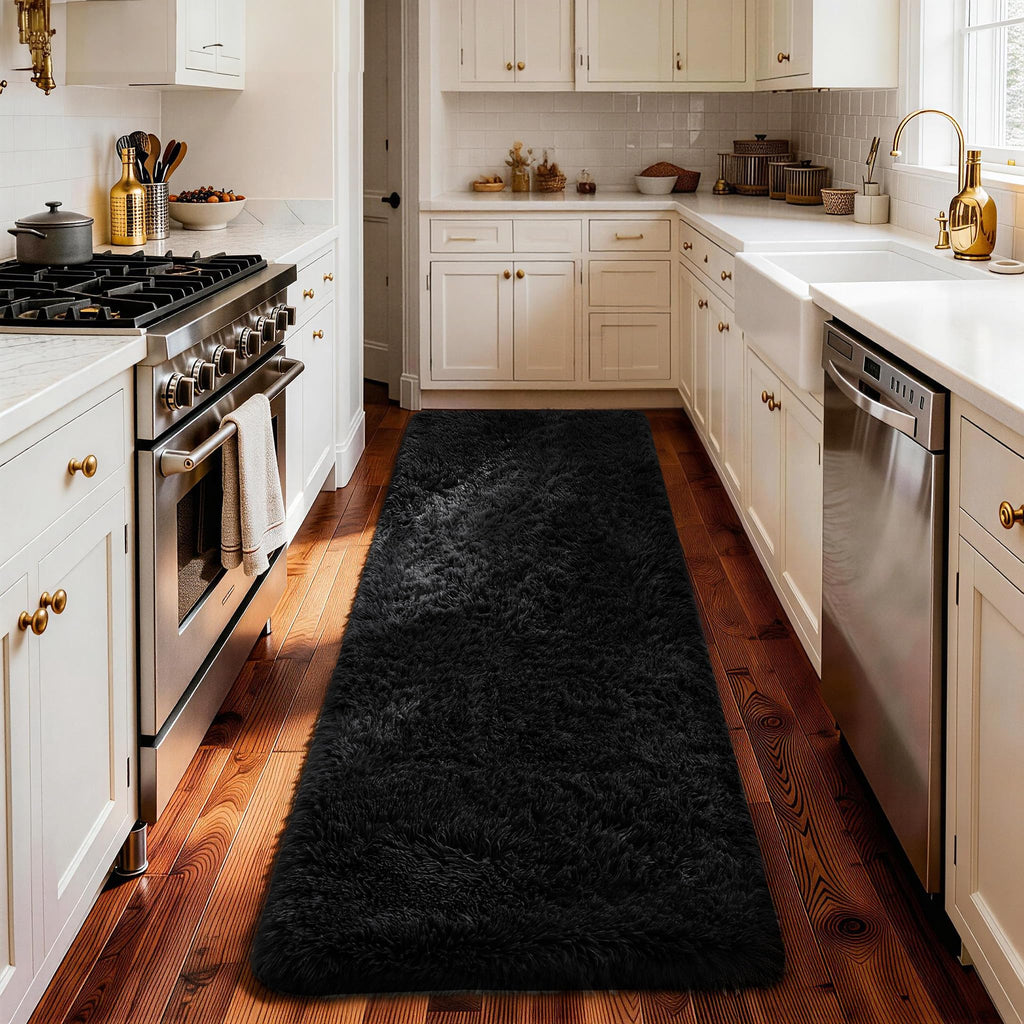 Ophanie 2x8 Runner Rug for Hallway,Upgrade Non-Slip Fluffy Soft Bedside Rugs,Bedroom Living Room Black Shaggy Carpet for Kids Girls Boys Dorm Nursery Home Decor Aesthetic with Over 99 pcs Pile fibers