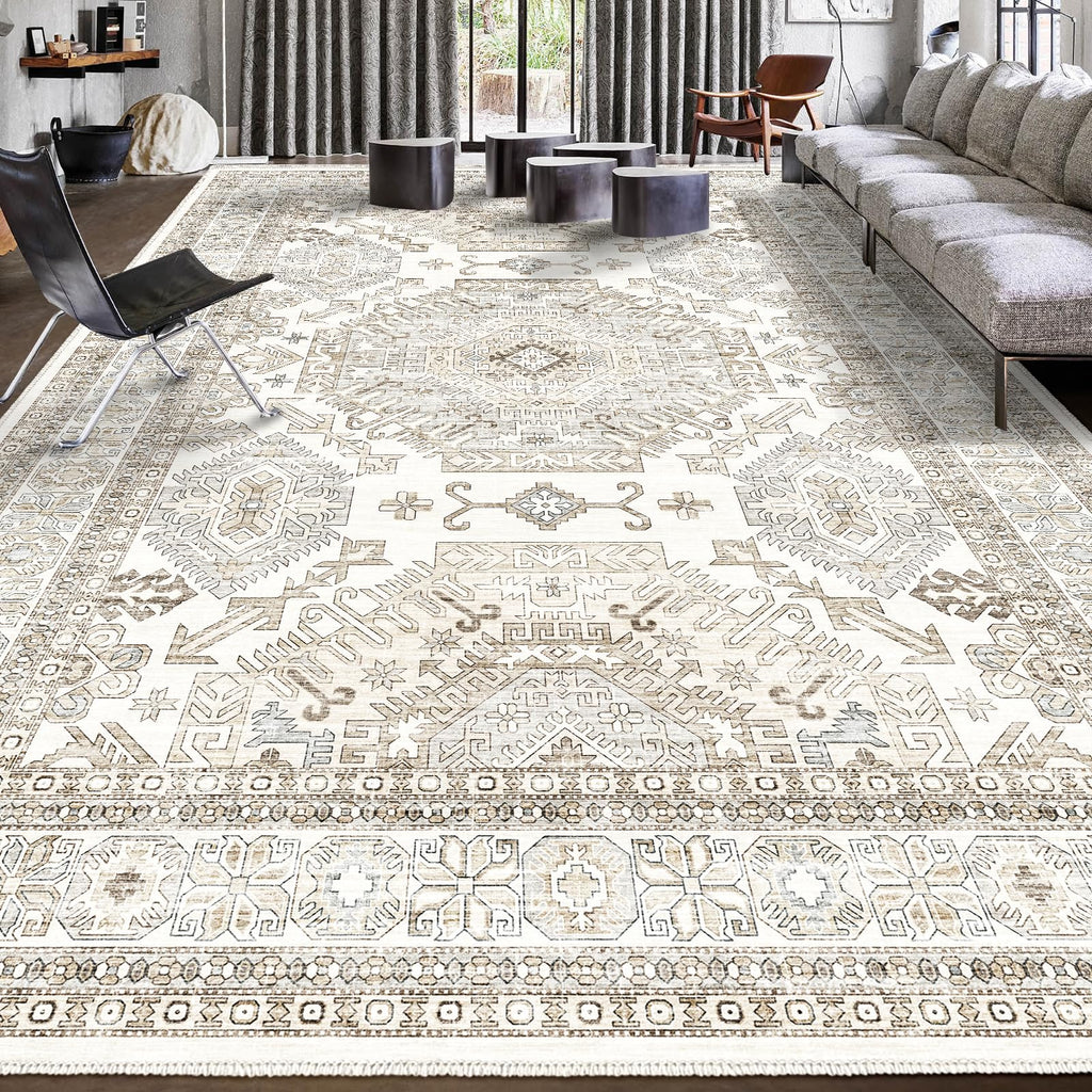 Area Rugs 8x10 for Living Room,Washable Boho 8x10 Area Rugs for Bedroom,Non Slip Carpet for Kitchen, Dining Room, Indoor, Kids Playroom Soft Low-Pile Rug, Thickness 0.2 Inches, Beige/Neutral