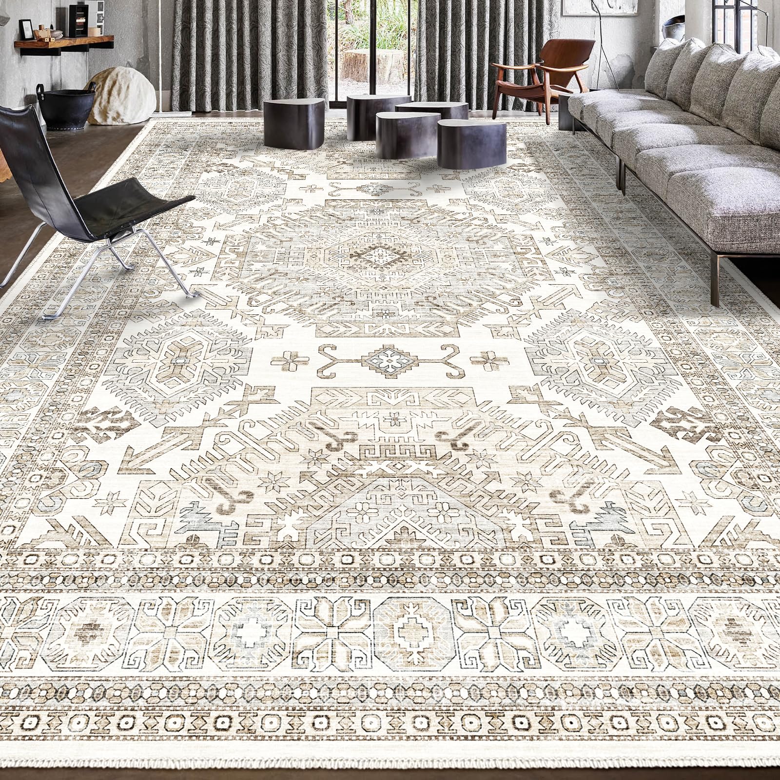 Area Rugs 8x10 for Living Room,Washable Boho 8x10 Area Rugs for Bedroom,Non Slip Carpet for Kitchen, Dining Room, Indoor, Kids Playroom Soft Low-Pile Rug, Thickness 0.2 Inches, Beige/Neutral