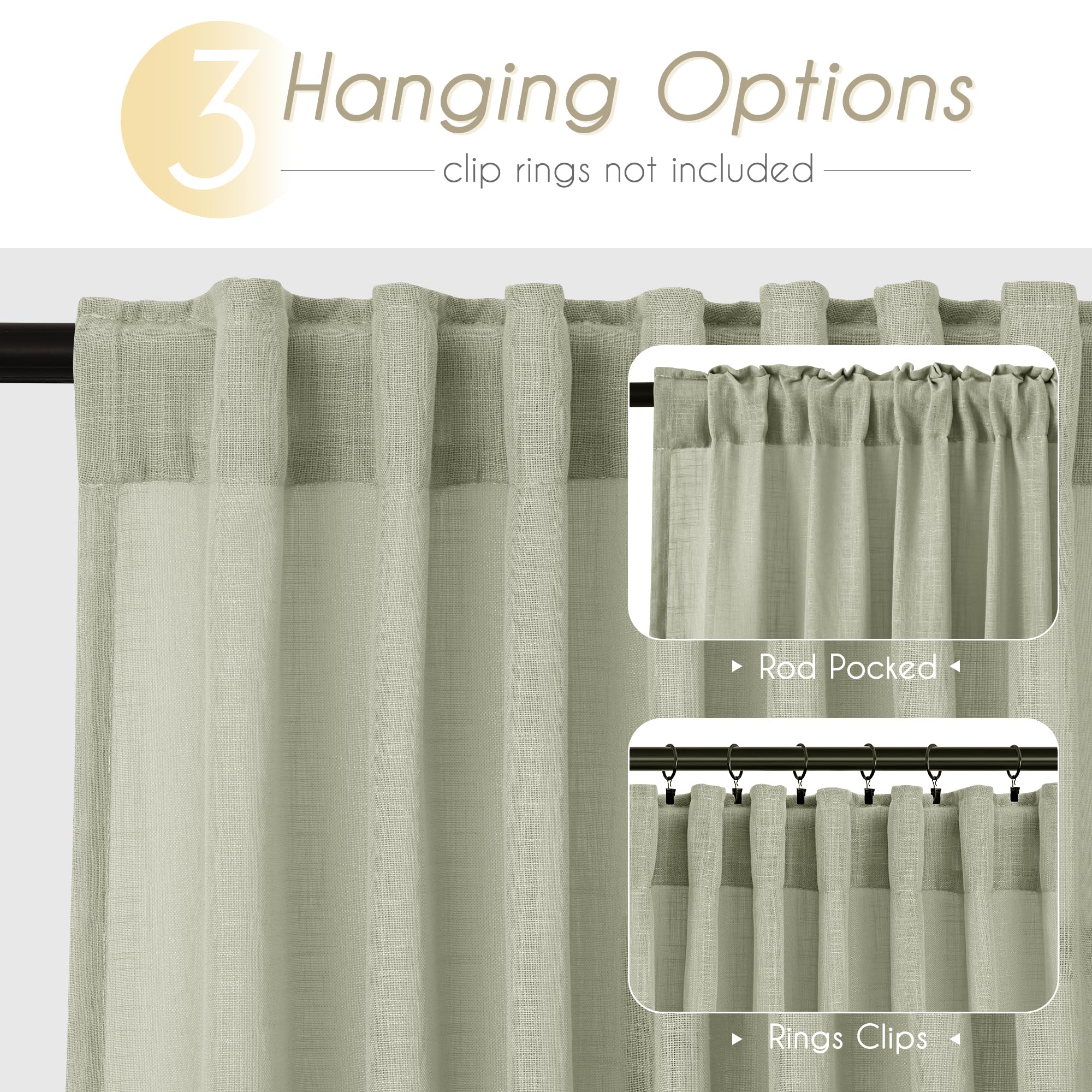 Linen Blend Sage Green Curtains 63 inch Length 2 Panels for Bedroom Back Tab Light Filtering Semi Sheer Drapes Linen Cotton Textured Light Green Airy Modern Farmhouse Living Room Sage Aesthetic Decor