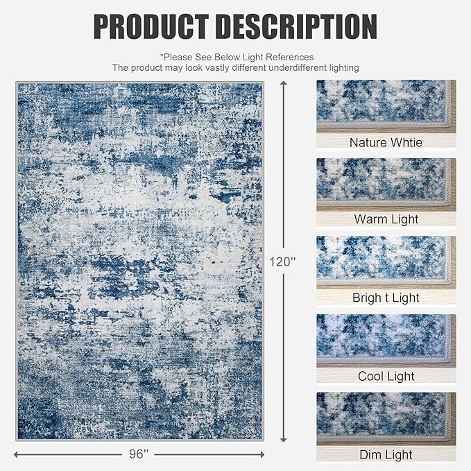 FXRHLP 8x10 Area Rug Living Room: Modern Washable Indoor Soft Carpet Blue