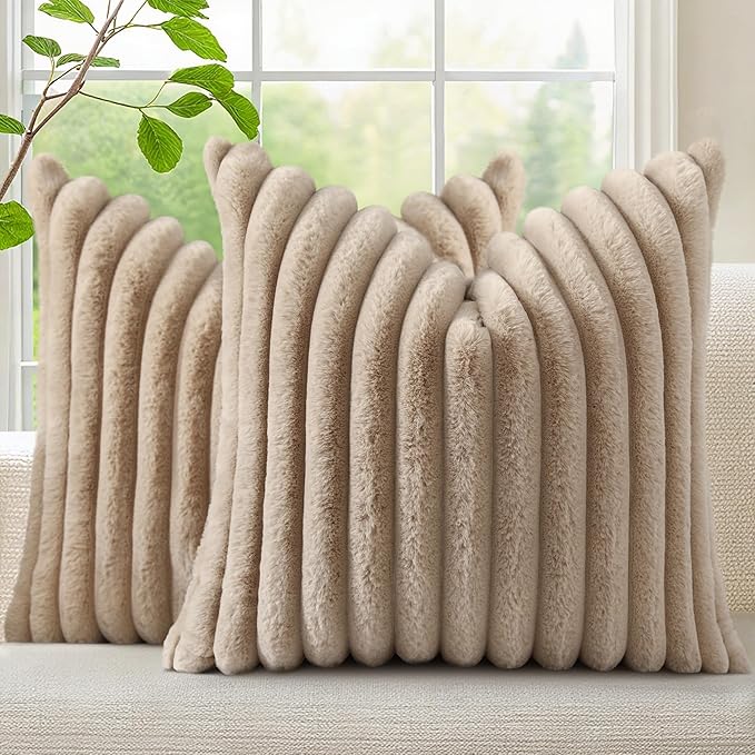 decorUhome Fall Faux Fur Throw Pillow Covers 22x22 Set of 2 Khaki Brown