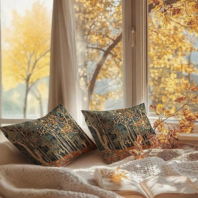 BUJSP Rustic Autumn Forest Pillow Covers 18x18 Set of 2, Fall Home Room Decor, Vintage Botanical Nature William Morris Inspired Decorative Throw Pillow Covers for Home Bedroom Living Room