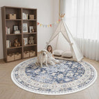 zesthome 9ft Round Rugs for Living Room, Non-Slip Washable Round Area Rugs, Ultra-Thin Large Circle Rugs, Soft Low Pile Rug for Bedroom, Kitchen - Vintage Stain Resistant Round Rug (Blue/Beige,9'x9')