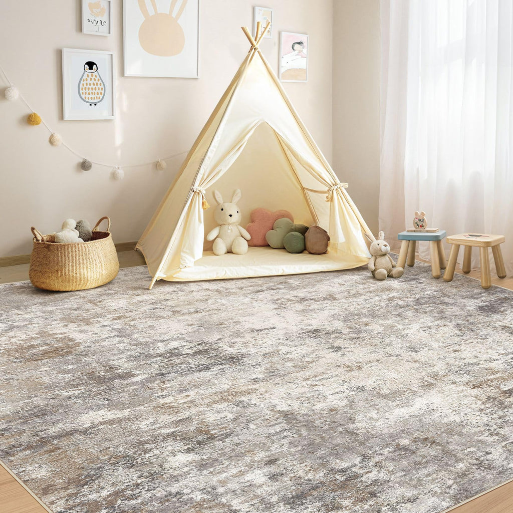 UERMEI Square Area Rugs: Washable 8x8 Neutral Modern Abstract Carpet for Living Room Bedroom - Soft Floor Mat with Non Slip Backing for Kitchen Nursery Dorms Farmhouse Home Decor - Brown Grey