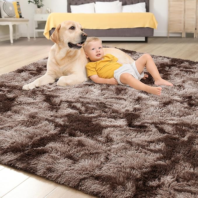 Tepook 9x12 Area Rugs for Living Room Bedroom, Soft Fluffy Plush Shaggy Girls Boys Kids Room Rug, Shag Upgrade Non-Slip Throw Carpet for Dorms Nursery Classroom Home Decor, Tie-Dyed Brown