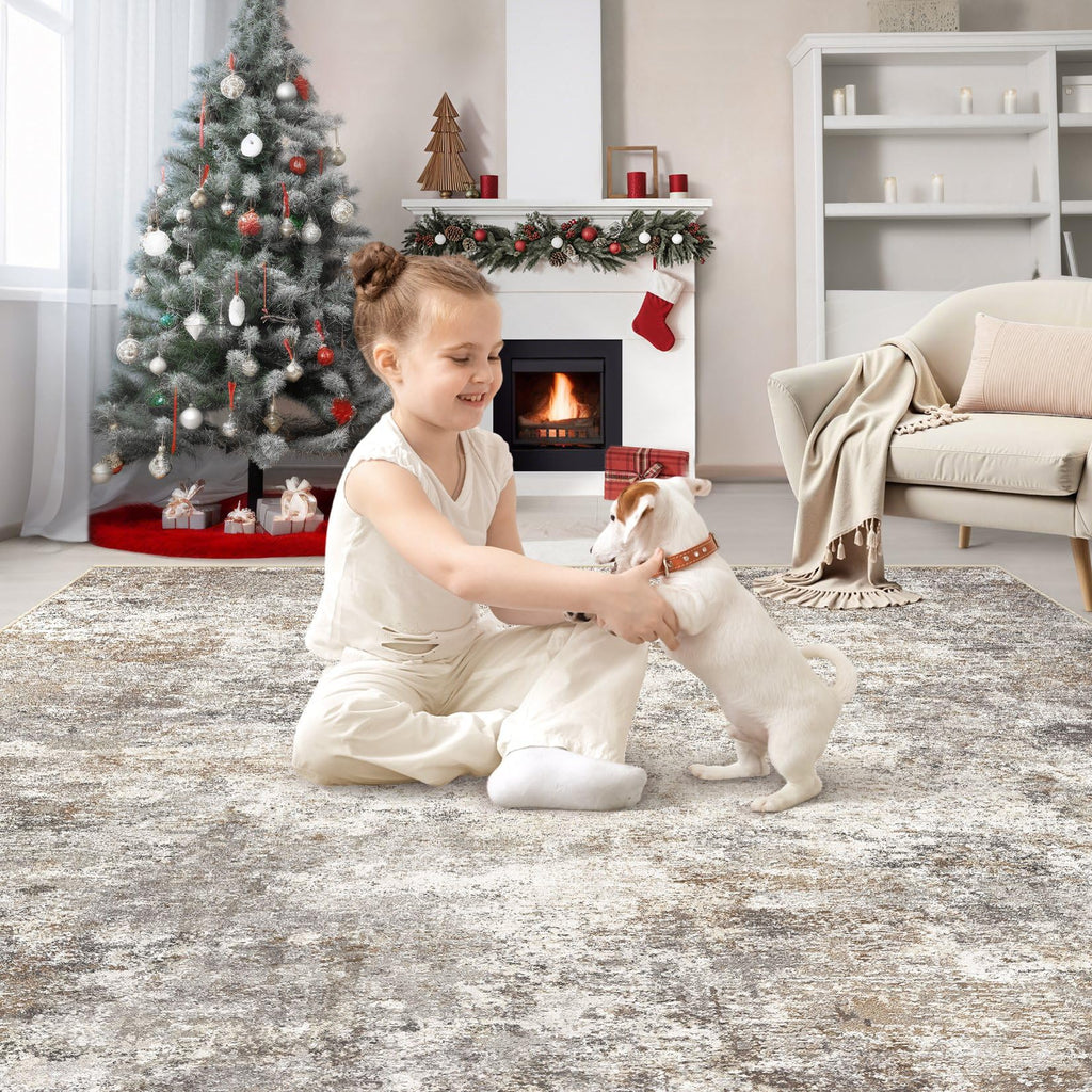 UERMEI Square Area Rugs: Washable 8x8 Neutral Modern Abstract Carpet for Living Room Bedroom - Soft Floor Mat with Non Slip Backing for Kitchen Nursery Dorms Farmhouse Home Decor - Brown Grey