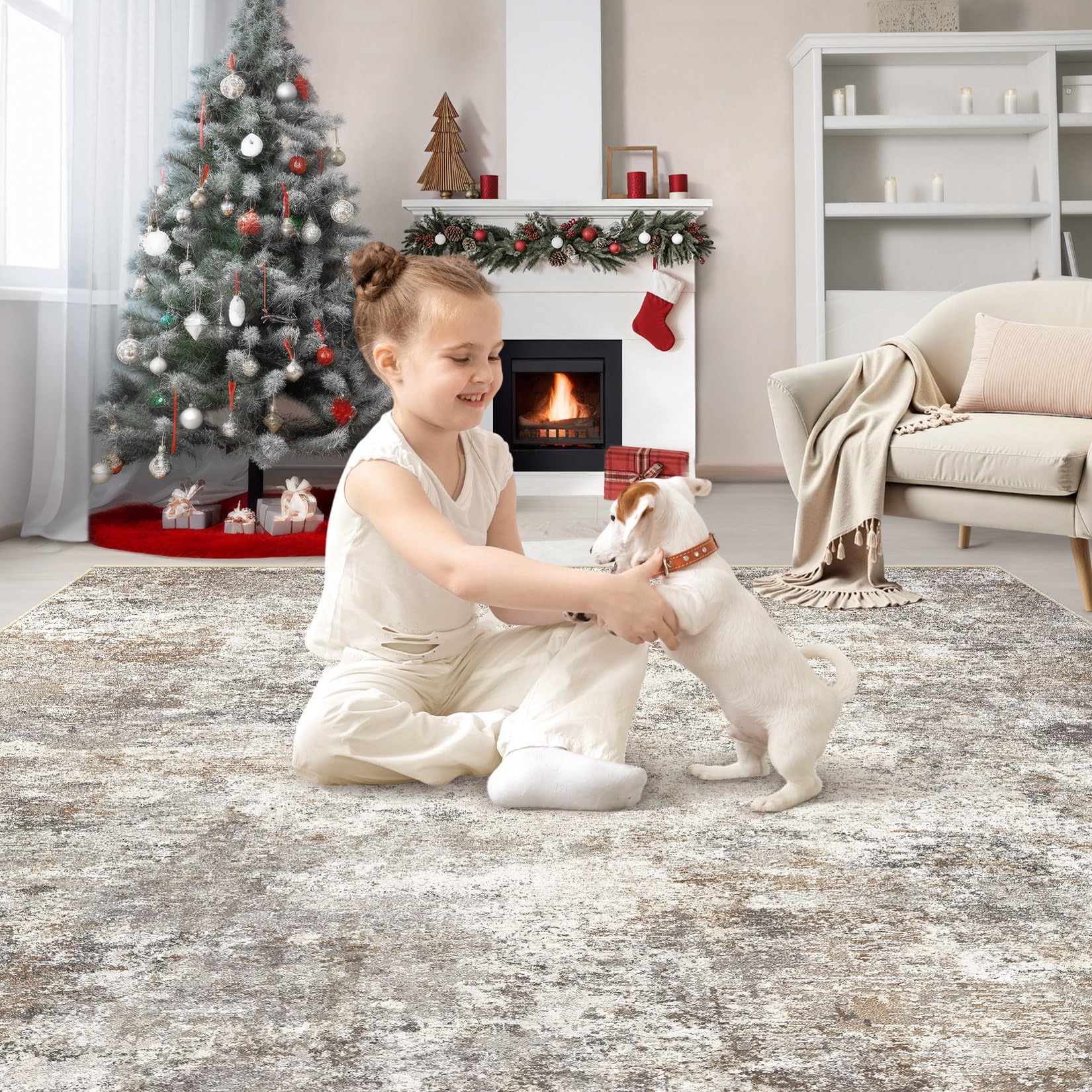 UERMEI Square Area Rugs: Washable 8x8 Neutral Modern Abstract Carpet for Living Room Bedroom - Soft Floor Mat with Non Slip Backing for Kitchen Nursery Dorms Farmhouse Home Decor - Brown Grey