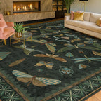 Hazo Haus Dark Green Insect Area Rugs 8x10 for Living Room, Dining Room Under Table, Bedroom, Unique Washable Floral Non Slip Low Pile Soft Rug