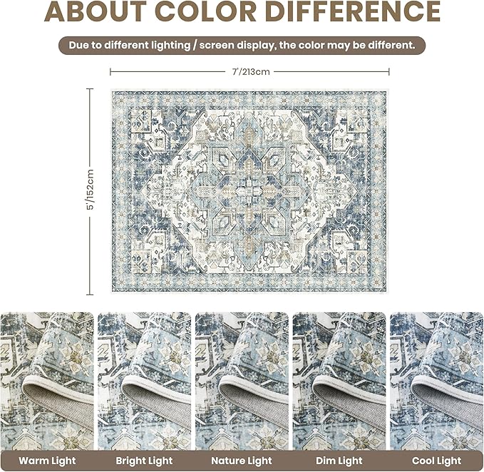 zesthome 5x7 Washable Rug-Stain Resistant Area Rugs for Living Room, Ultra-Thin Vintage Rugs, Non-Slip Backing Rug, Low Pile Large Area Rug, Boho Home Decor
