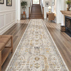 Madane Hallway Runner Rug 3x16 - Vintage Non Slip Washable 16ft Kitchen Runner for Entrance Soft Long Carpet Runners for Living Room Bathroom Low Pile Floor Mat for Bedroom Dining Room, Brown/Gold