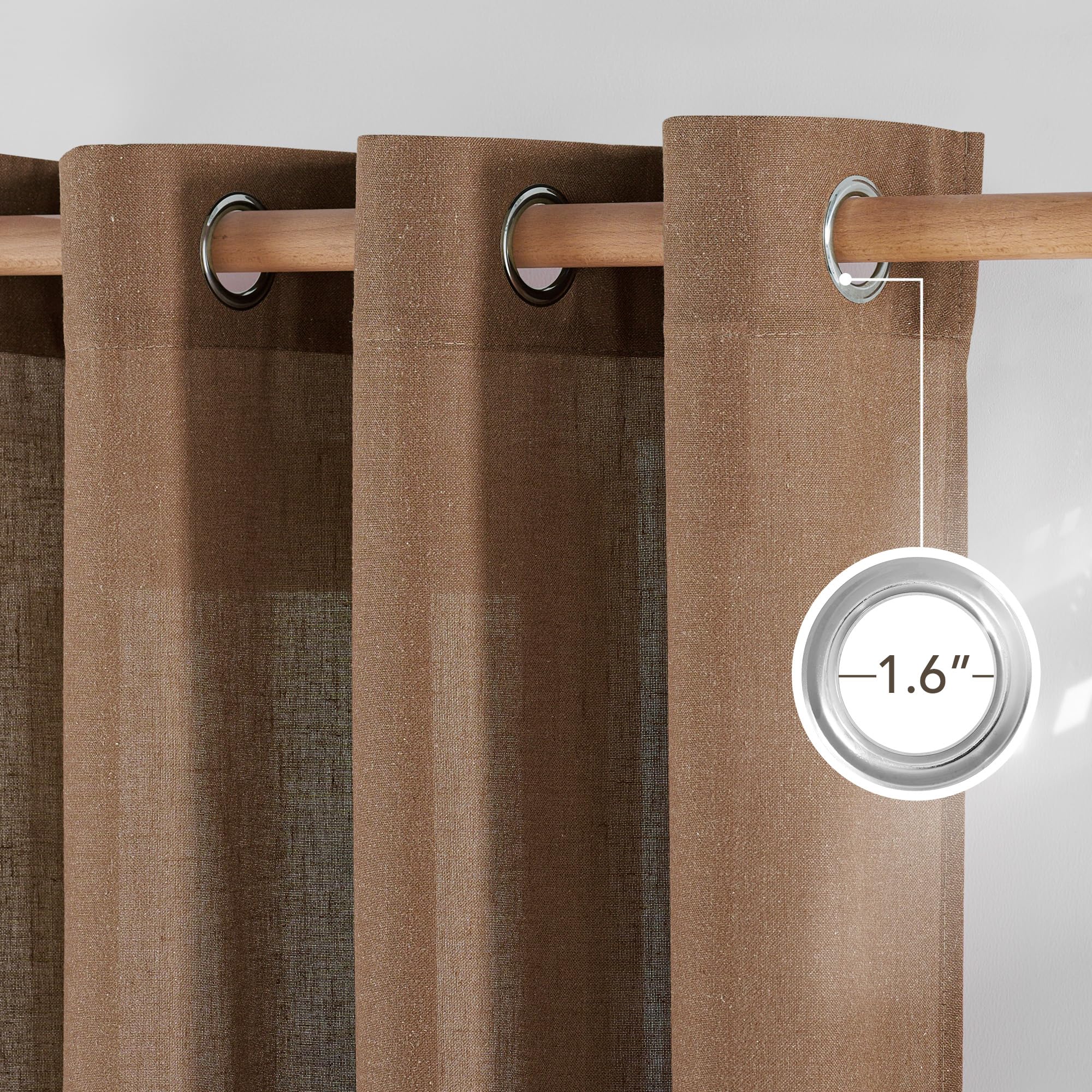 NICETOWN Linen Gold Brown Curtains for Living Room, Rustic Grommet Semi Sheer Linen Blend Privacy Assured with Light Filtering for Living Room/Bedroom, W55 x L96, 2 Panels