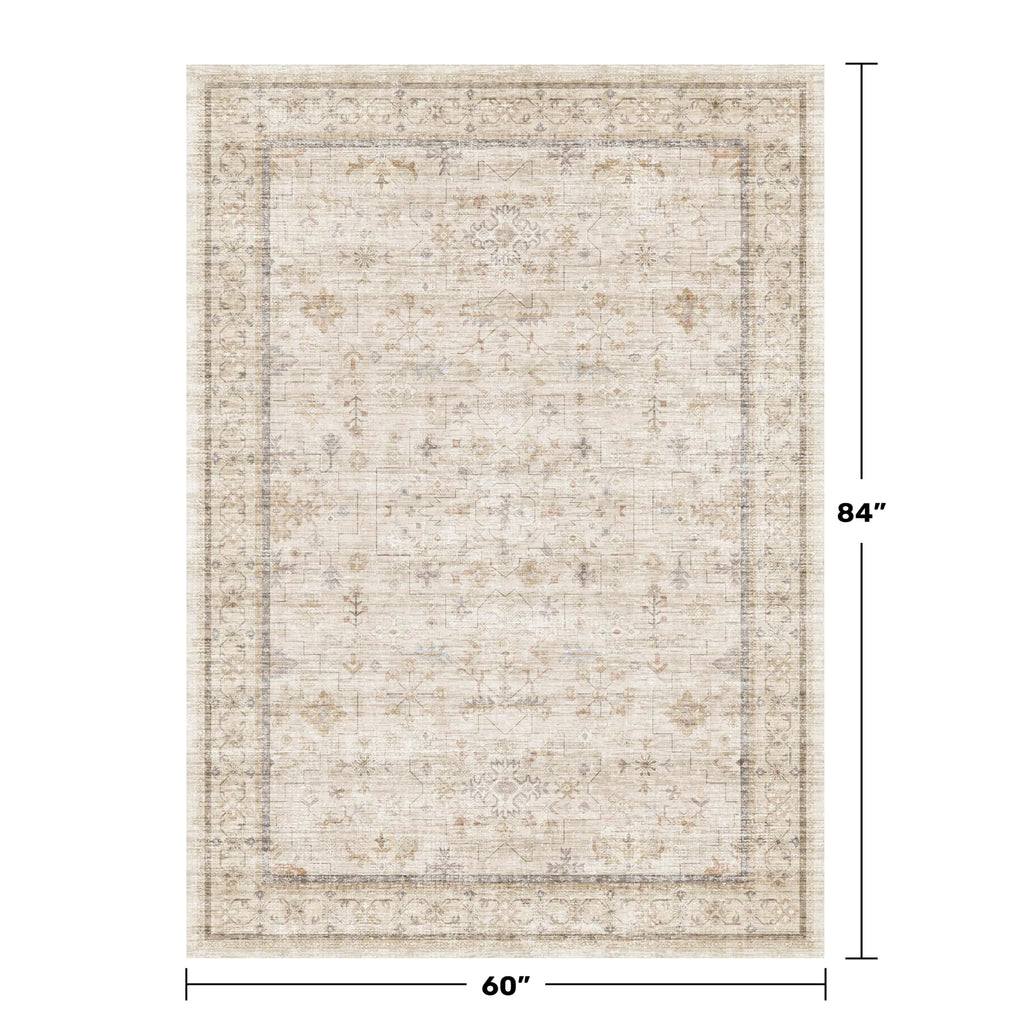 Washable Ivory 5x7 Rug for Bedroom, Home Office, Non Slip Dinning Rugs for Under Table, Low Pile Neutral Farmhouse Retro Living Room Carpet