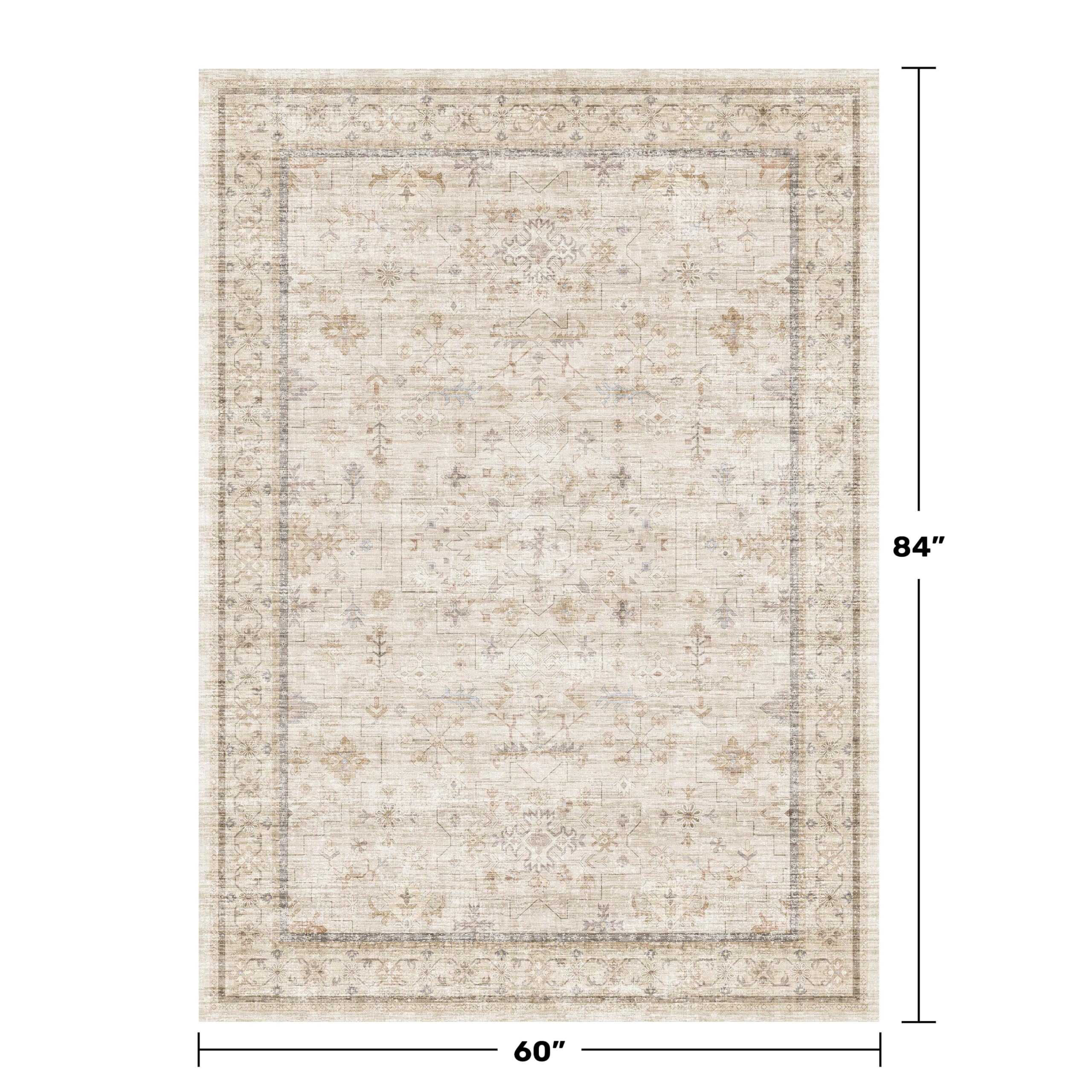 Washable Ivory 5x7 Rug for Bedroom, Home Office, Non Slip Dinning Rugs for Under Table, Low Pile Neutral Farmhouse Retro Living Room Carpet
