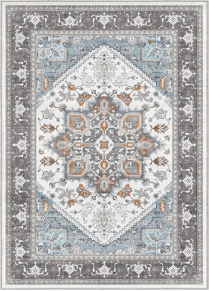 OPPODREAM Soft 10x14 Area Rugs, Washable Rugs 10x14 with Non Slip Backing, Low-Pile Faux Cashmere 10 x 14 Carpet, Grey & Teal & Yellow