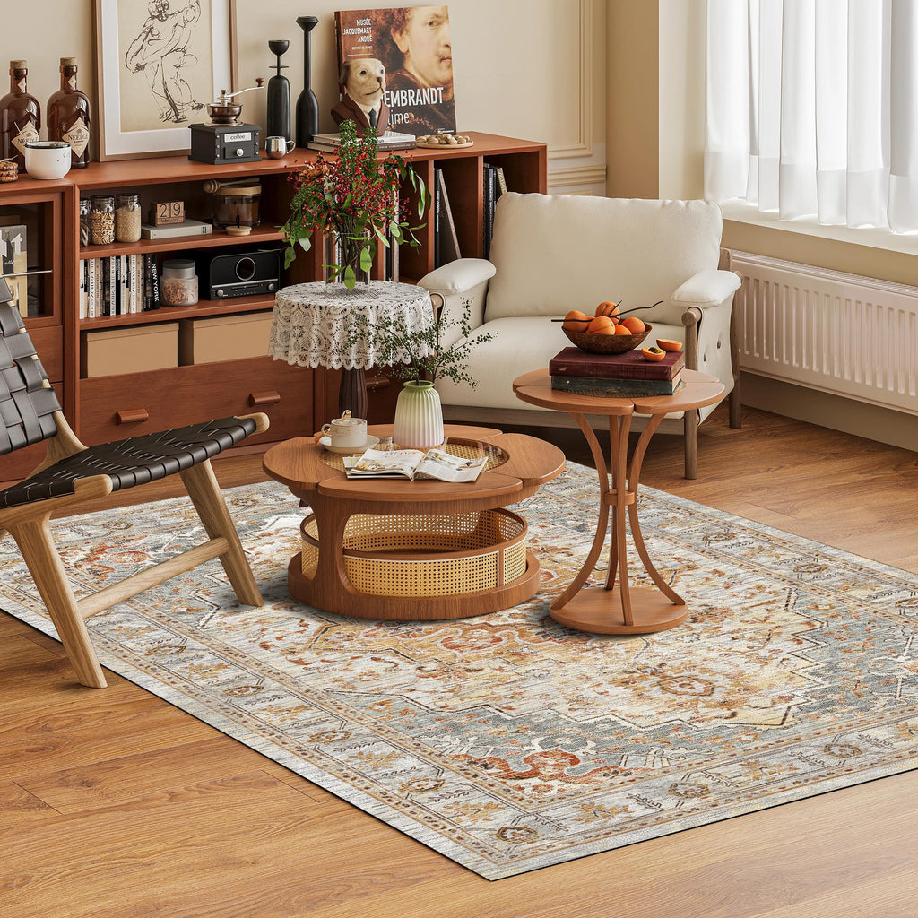 Washable Area Rug 3' x 5 ' Vintage Traditional Persian Mat - Foldable Distressed Non-Slip Machine Washable Carpet for Living Room Bedroom Kitchen Home Decor - Dove Gray and Coral
