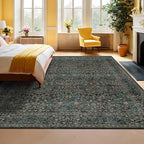 Dining Room Rugs for Under Table - 6x8 Washable Dark Green Area Rug for Living Room, Low Pile Non-Slip Floor Carpet for Bedroom - Vintage Design & Stain Resistance