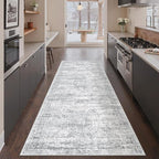 3x8 Runner Rug Non Slip Washable for Entryway, Vintage Hallway Runner for Front Porch, Laundry Room, Bedroom, Abstract Stain Resistant Thin Indoor Kitchen Mats for Floor(3'x8', Grey/Ivory)
