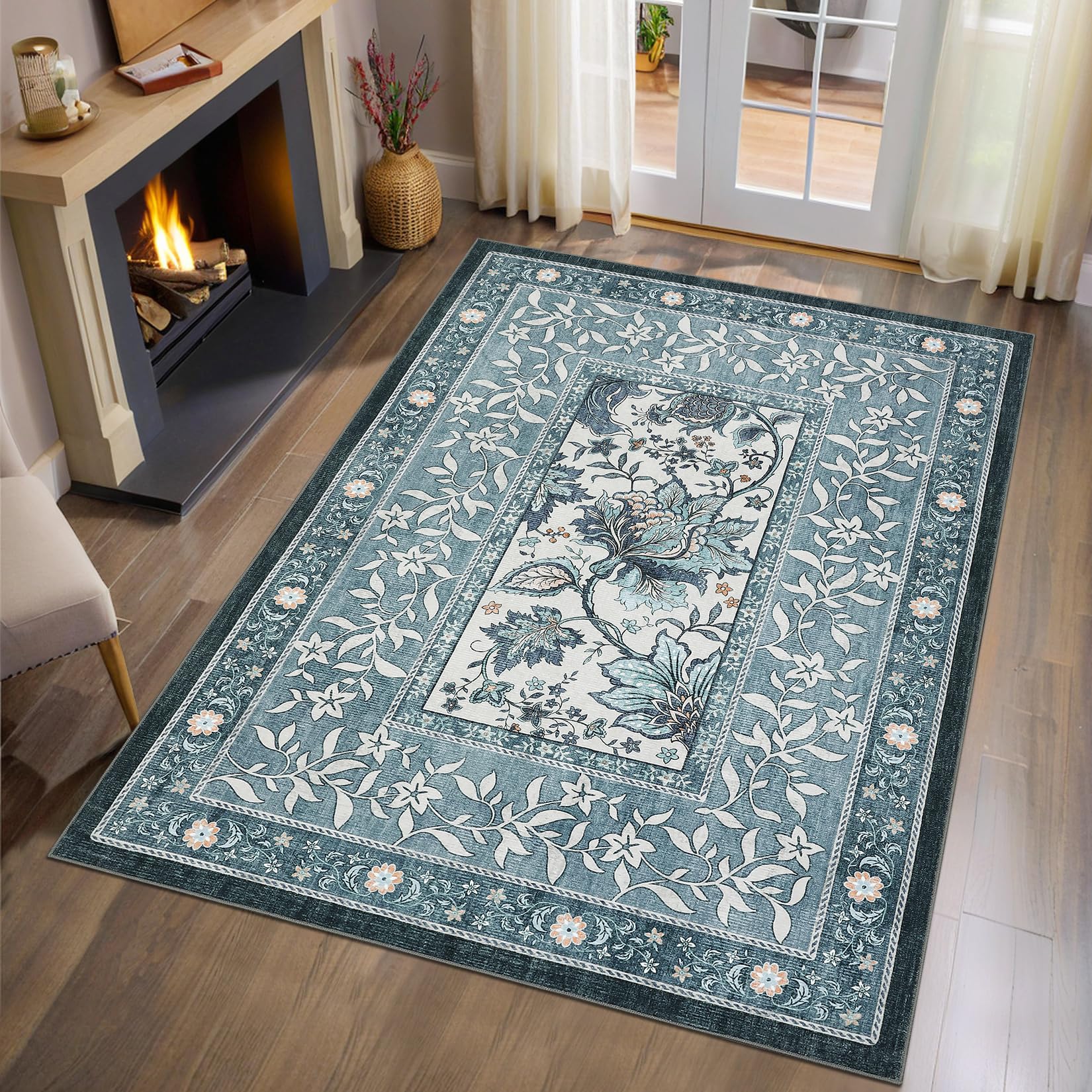 GarveeHome Provence Botanical Grove 4x6 Rug Vintage Cottagecore Retro Blue 4 x 6 Area Rug for Bedroom Living Room Nursery Kitchen Entryway Indoor Mat