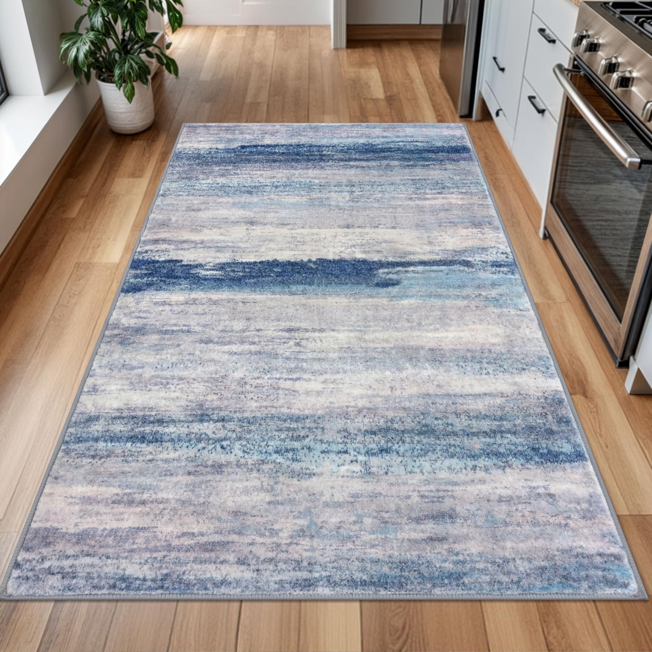 KOZYFLY 4x6 Area Rug Modern Abstract Washable Large Rugs for Entryway Non-Slip Soft Living Room Rug, Print Blue/Grey/Beige Throw Rugs Indoor Mat for High-Traffic Door Entrance, Nursery, Bedroom
