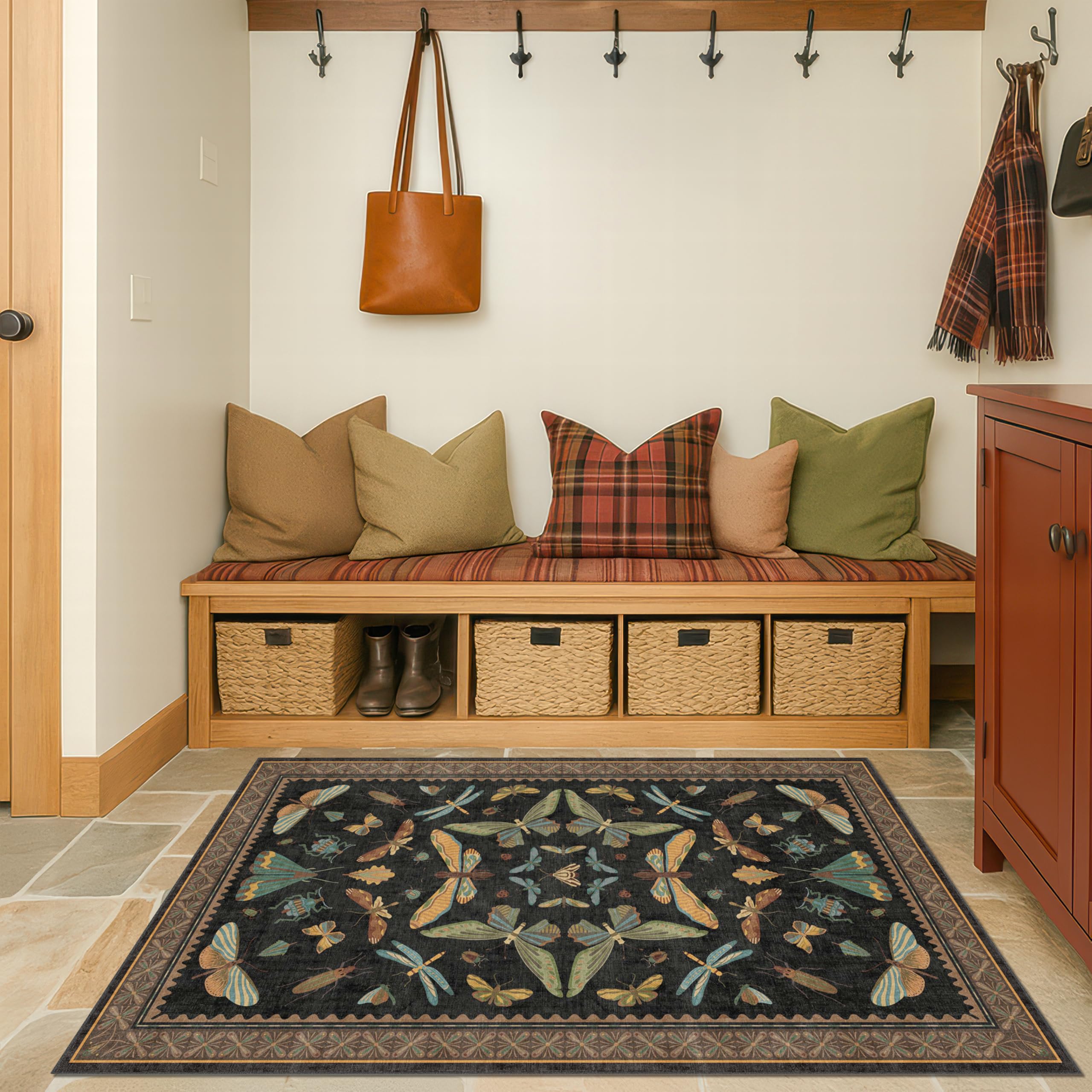 Green and Black Rug for Entryway Indoor- 3x6 Kitchen Floor Mats Non Slip, Washable Dark Unique Insect Print Rugs for Entry Way, Mudroom, Vintage Stain Resistant Indoor Décor