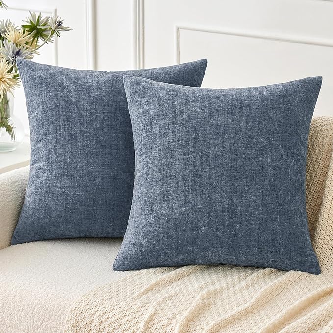 MIULEE Pack of 2 Couch Throw Pillow Covers 16x16 Inch Soft Dark Grey Blue Chenille Pillow Covers for Sofa Living Room Solid Dyed Pillow Cases