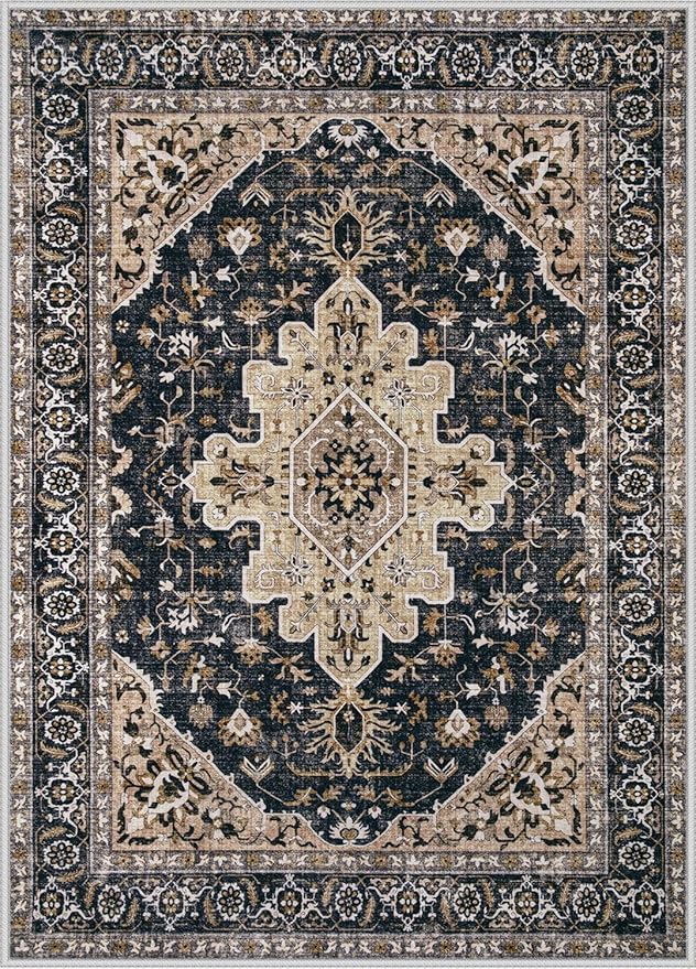 Area Rug 8x10 Vintage Rugs: Large Washable Living Room Rug Retro Medallion Distressed Soft Low Pile Non-Slip Indoor Floor Carpet for Bedroom Kitchen Nursery Dining Office (BeigeBlack, 8'x10')