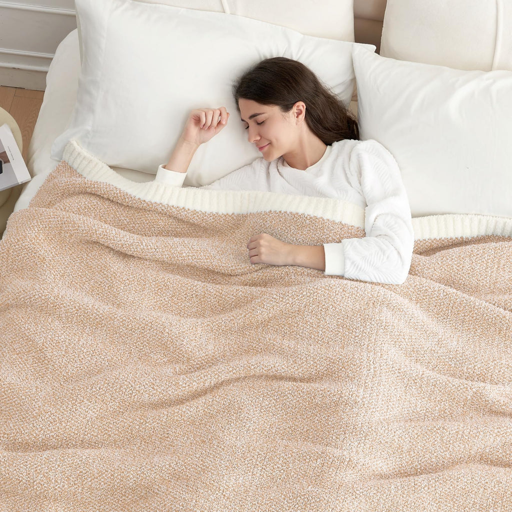 Snuggle Sac Queen Size Bedding Blankets, Super Soft Warm Oversized Bed Blankets Cozy Knit Fuzzy Blankets for Bed, Heather Beige, 90x90 inches