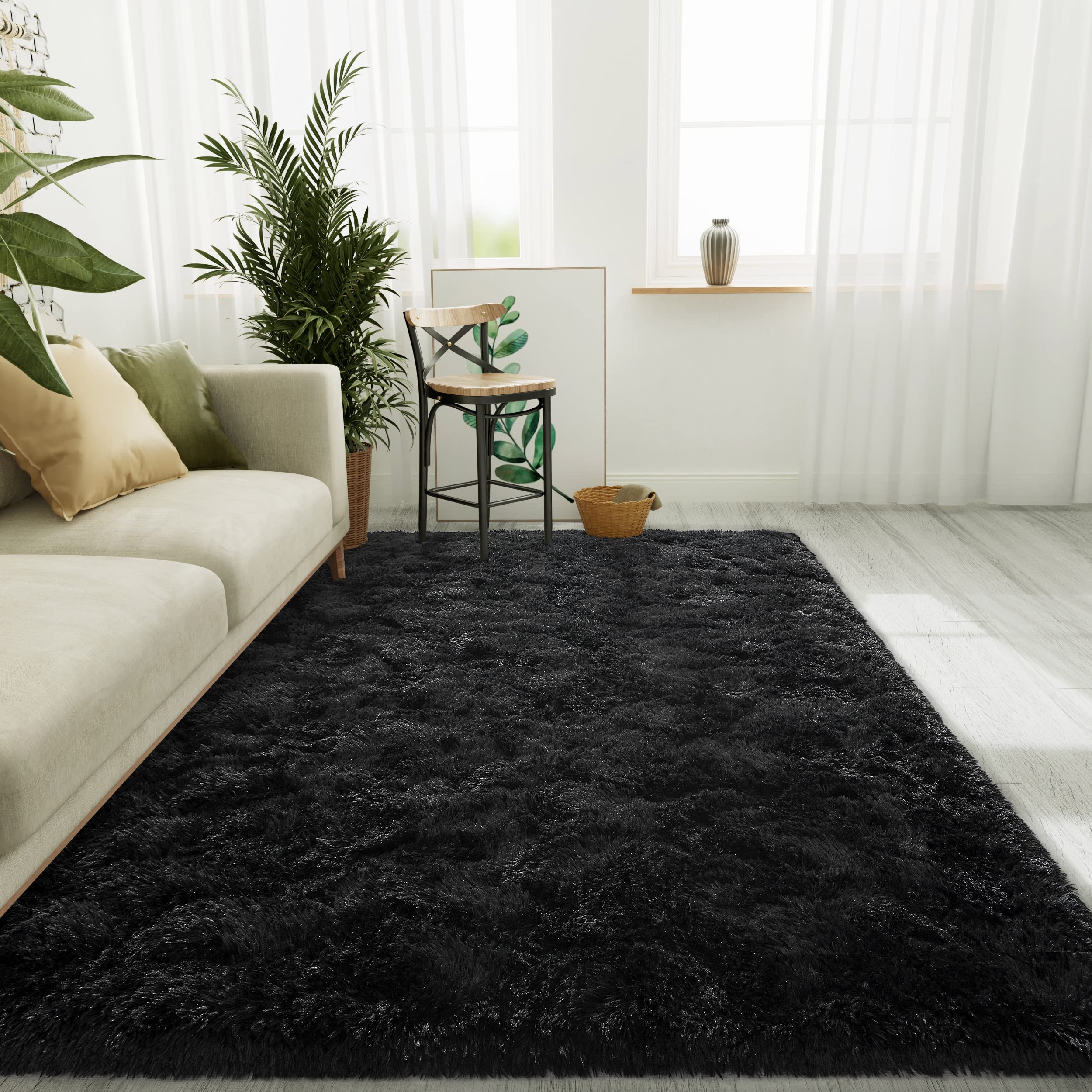 LOCHAS 5x8 Area Rugs Fluffy Living Room Carpets for Kids Bedroom, Black