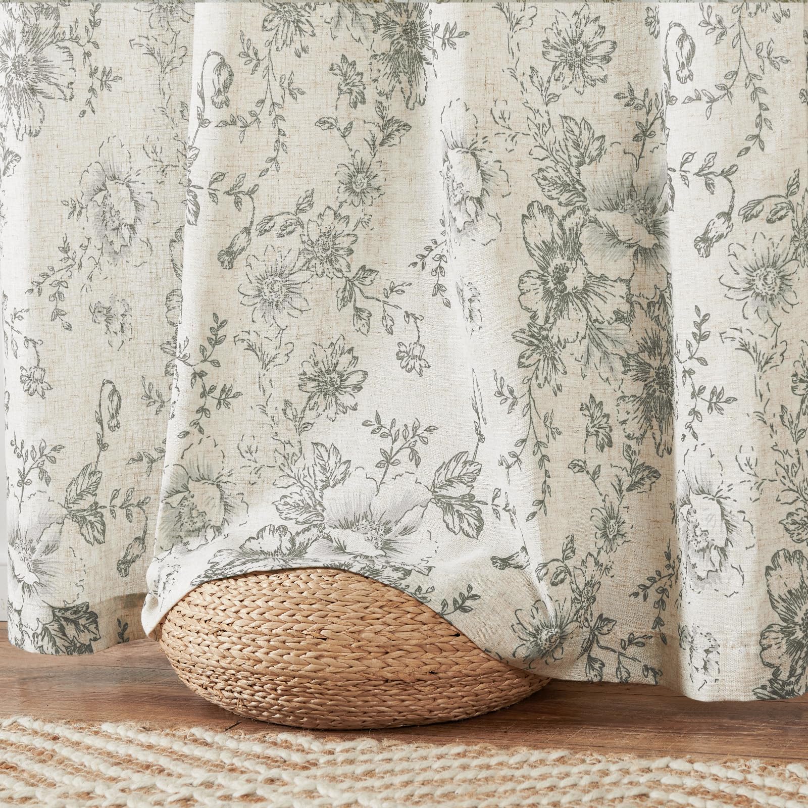 jinchan Grey Floral Linen Light Filtering Curtains for Living Room 90 Inches Long