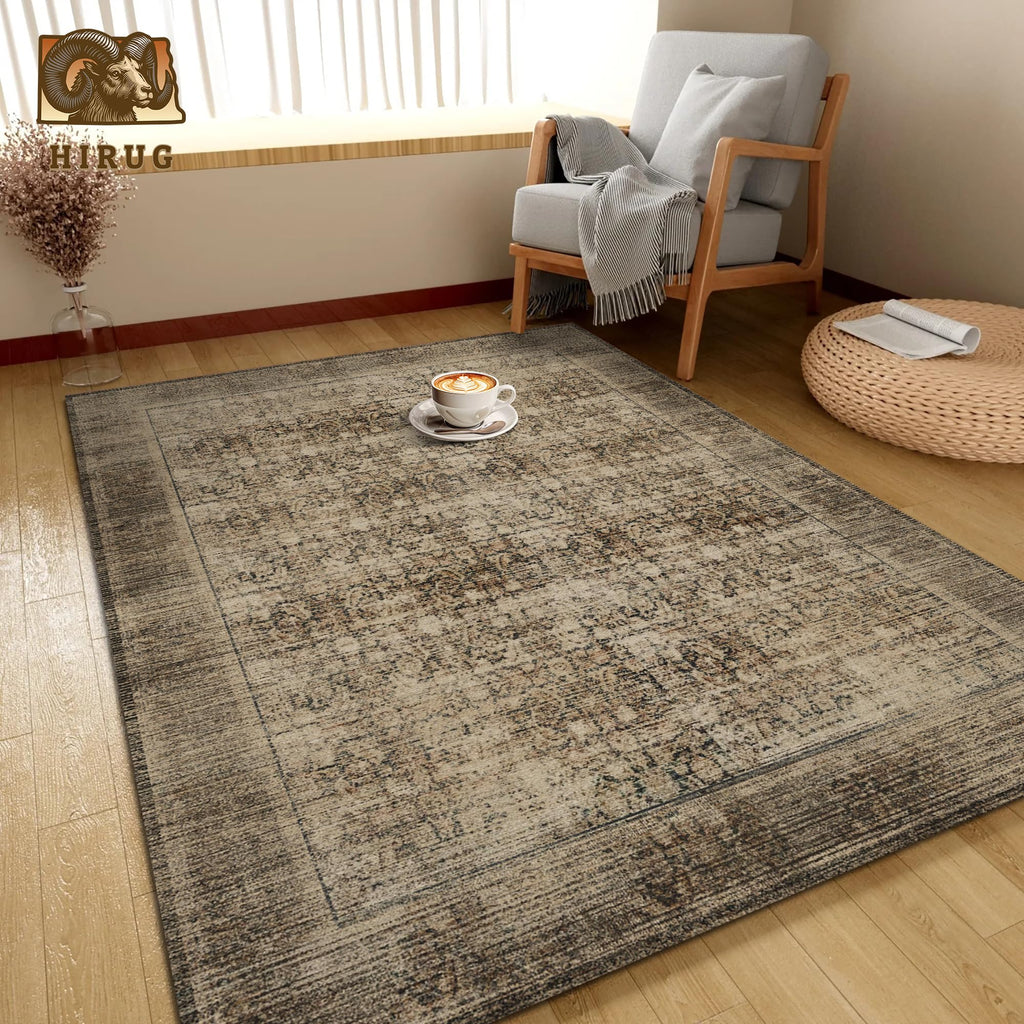 Washable Area Rug 6' x 9' Vintage Traditional Persian Mat - Foldable Distressed Non-Slip Machine Washable Carpet for Living Room Bedroom Kitchen Home Decor - Mocha and Taupe