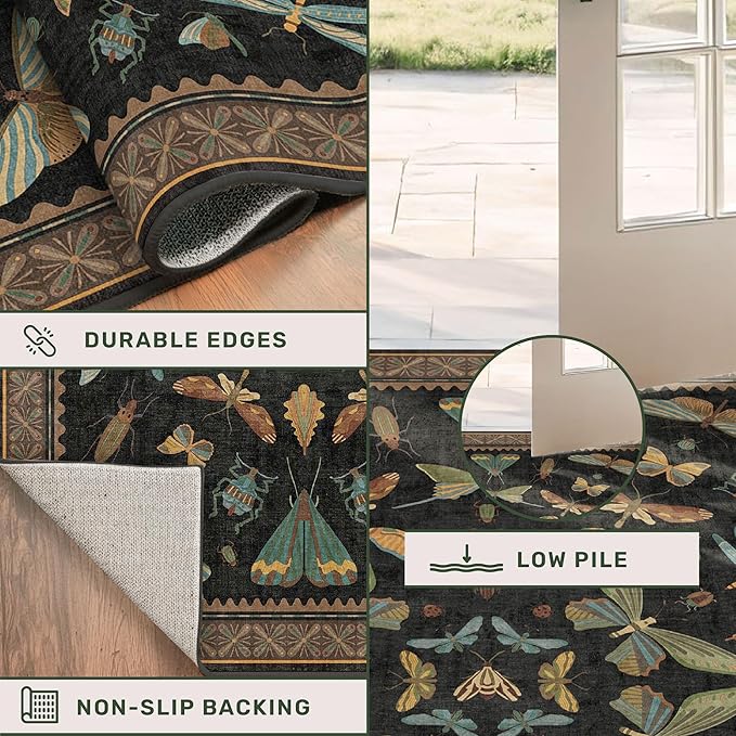 Hazo Haus Living Room Rug Black Boho 6x9 - Dining Room Rugs for Under Table, Bedroom, Insect Bug Eclectic Home Décor, Washable Non Slip Foldable