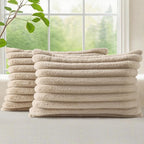 decorUhome Cozy Faux Fur Throw Pillow Covers 12x20 Set of 2 Decorative Soft Plush Striped Lumbar Modern Farmhouse Boho Couch Pillow Cases with Velvet Back for Sofa Bed Living Room, Khaki Brown