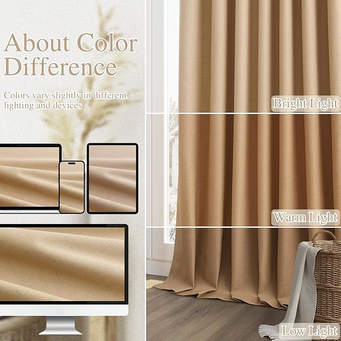 Guken 100% Blackout Linen Curtains 84 Inch Length 2 Panels Set for Living Room Bedroom Back Tab Thermal Insulated Black Out Linen Drapes Room Darkening Window Curtains 84 Inches Long,Camel Brown