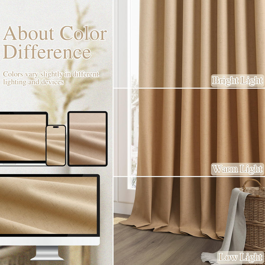 Guken Camel Brown 100% Blackout Linen Curtains 90 Inch Length 2 Panels Set for Living Room Bedroom Back Tab/Rod Pocket Thermal Insulated Black Out Drapes Room Darkening Window Curtains 90 Inches Long