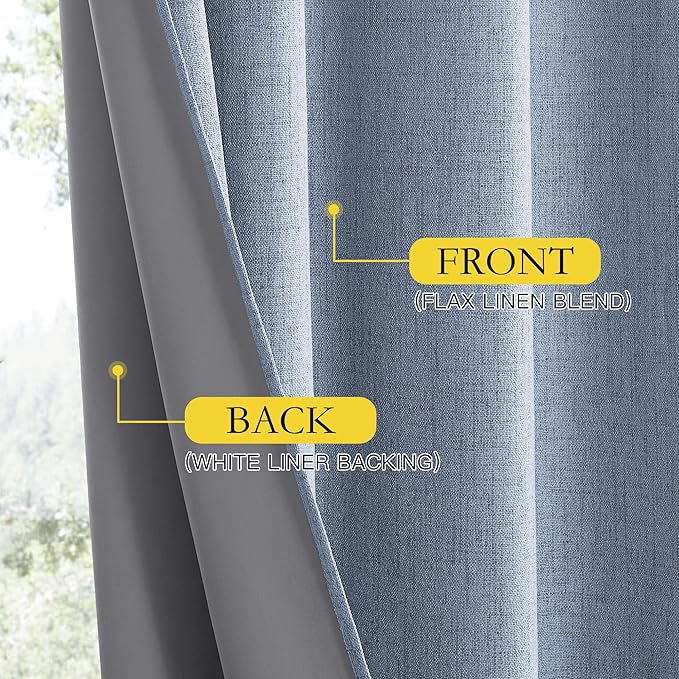 NICETOWN Stone Blue Vintage Linen 100% Blackout Curtains for Living Room, Thermal Insulated Curtains 84" Long, Noise Reducing Window Treatment Drapes for Hall Room, 42" Wide Per Panel, Set of 2