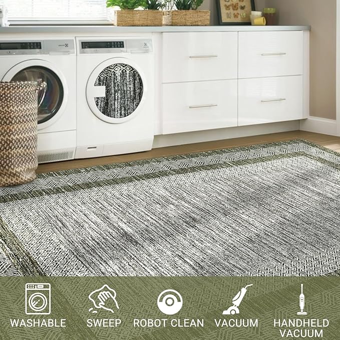 GarveeHome 10x13 Large Washable Geometric Area Rug Non Slip Non Shedding Floor Carpet, Modern Bordered Distressed Green Indoor Printed Rug for Living Room, Bedroom, Office