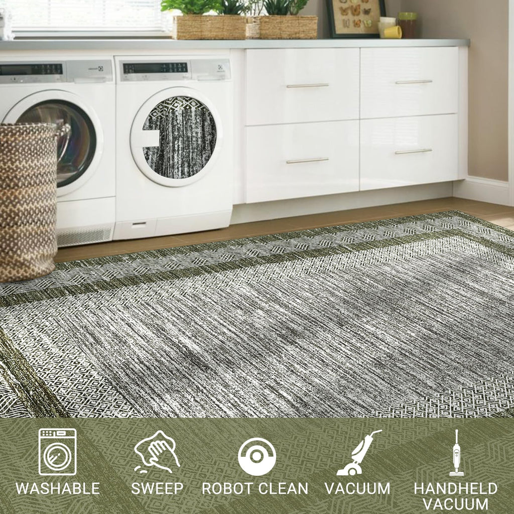 GarveeHome 9x12 Large Modern Navy Green Area Rug Distressed Bordered Soft Non Shedding Floor Carpet