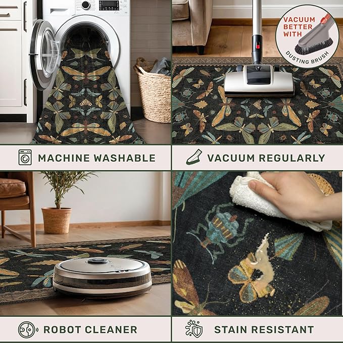 Green and Black 3x12 Long Runner Rugs for Hallway - Boho Door Rugs for Entryway Indoor Washable, 12ft Nature Insect Stain Resistant Kitchen Carpet, Low Pile & Soft Indoor Décor