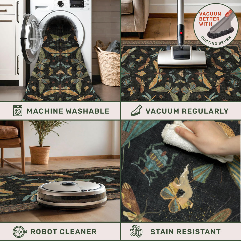 2x5 Black Washable Kitchen Runner Rugs Non Skid Washable - Gothic Runner Rug for Entryway, Kitchen, Insect Print Stain Resistant Indoor Décor