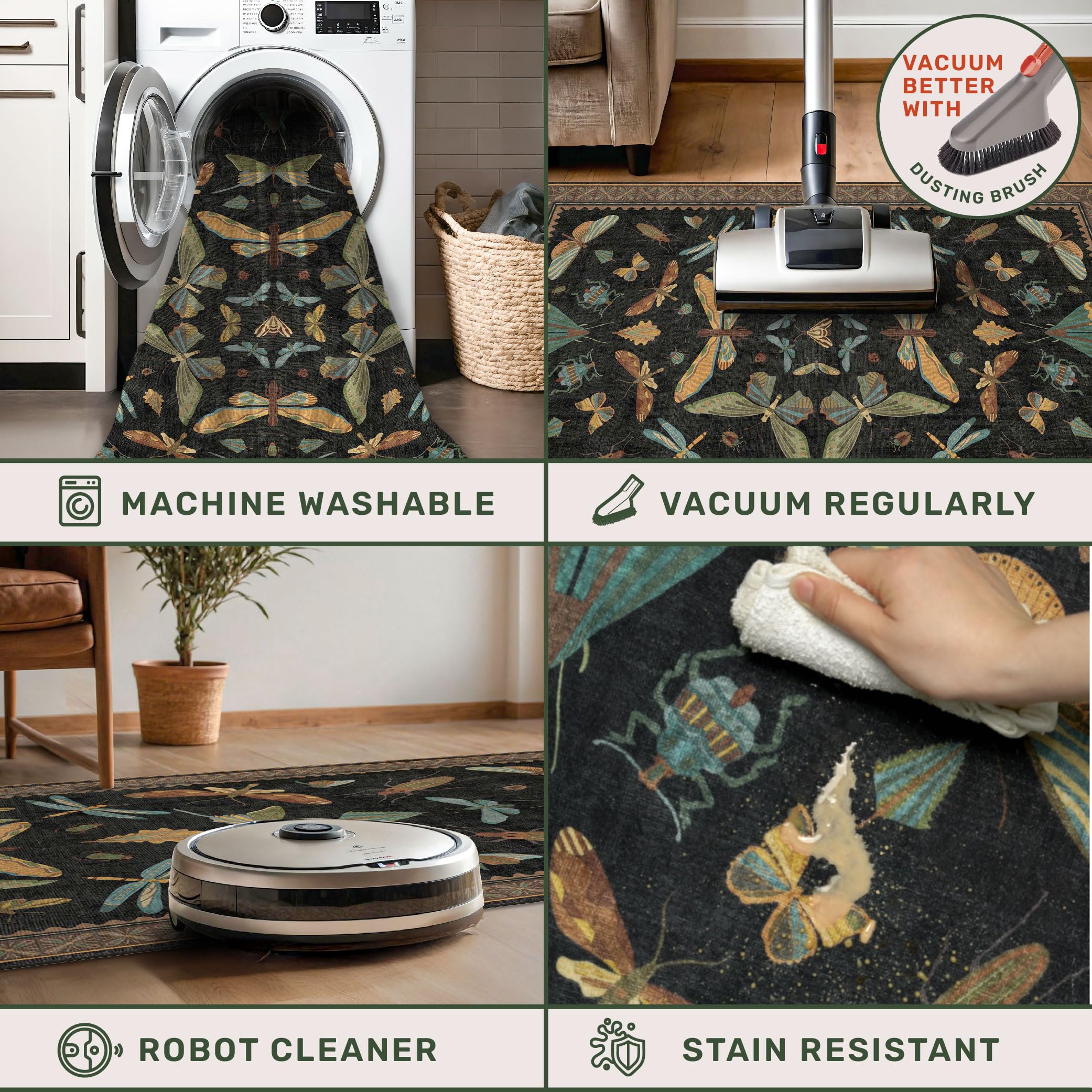 2x5 Black Washable Kitchen Runner Rugs Non Skid Washable - Gothic Runner Rug for Entryway, Kitchen, Insect Print Stain Resistant Indoor Décor