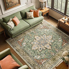 Area Rugs Square 6ft Washable Non-Slip, Floral Vintage Distress Print Pattern Medallion Carpet for Living Room Bedroom Dining Room, Brick Red Rust Neutral Brown Burnt Orange Green